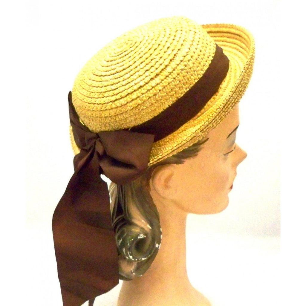 Vintage Ladies Hat Natural Straw w/Brown Ribbons 1940s Hats,On Sale vendor-unknown