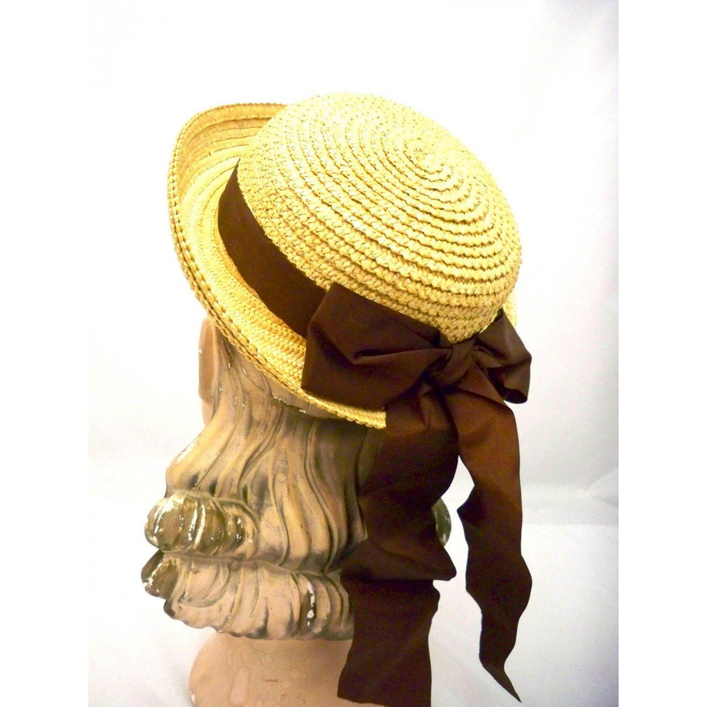 Vintage Ladies Hat Natural Straw w/Brown Ribbons 1940s Hats,On Sale vendor-unknown