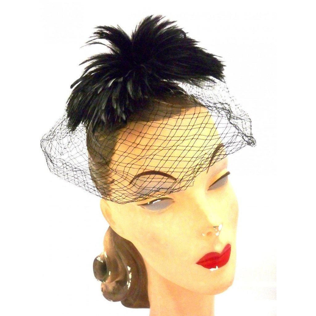 Vintage Ladies Cocktail Hat w/ Standup Feather Center and Veil 1950s Hats,New Arrivals,On Sale The Best Vintage Clothing