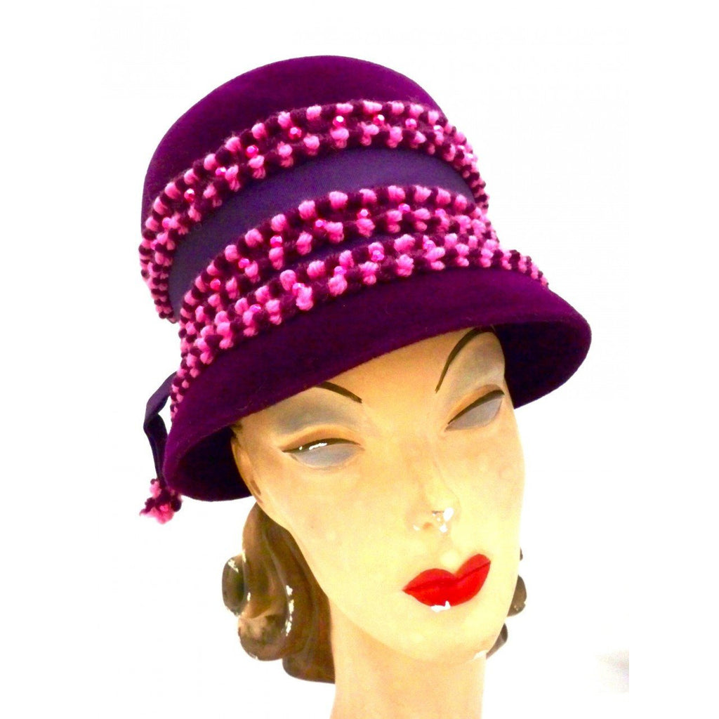 Vintage Purple High Bucket Hat Beads Oleg Cassini 1960s Hats,New Arrivals Oleg Cassini