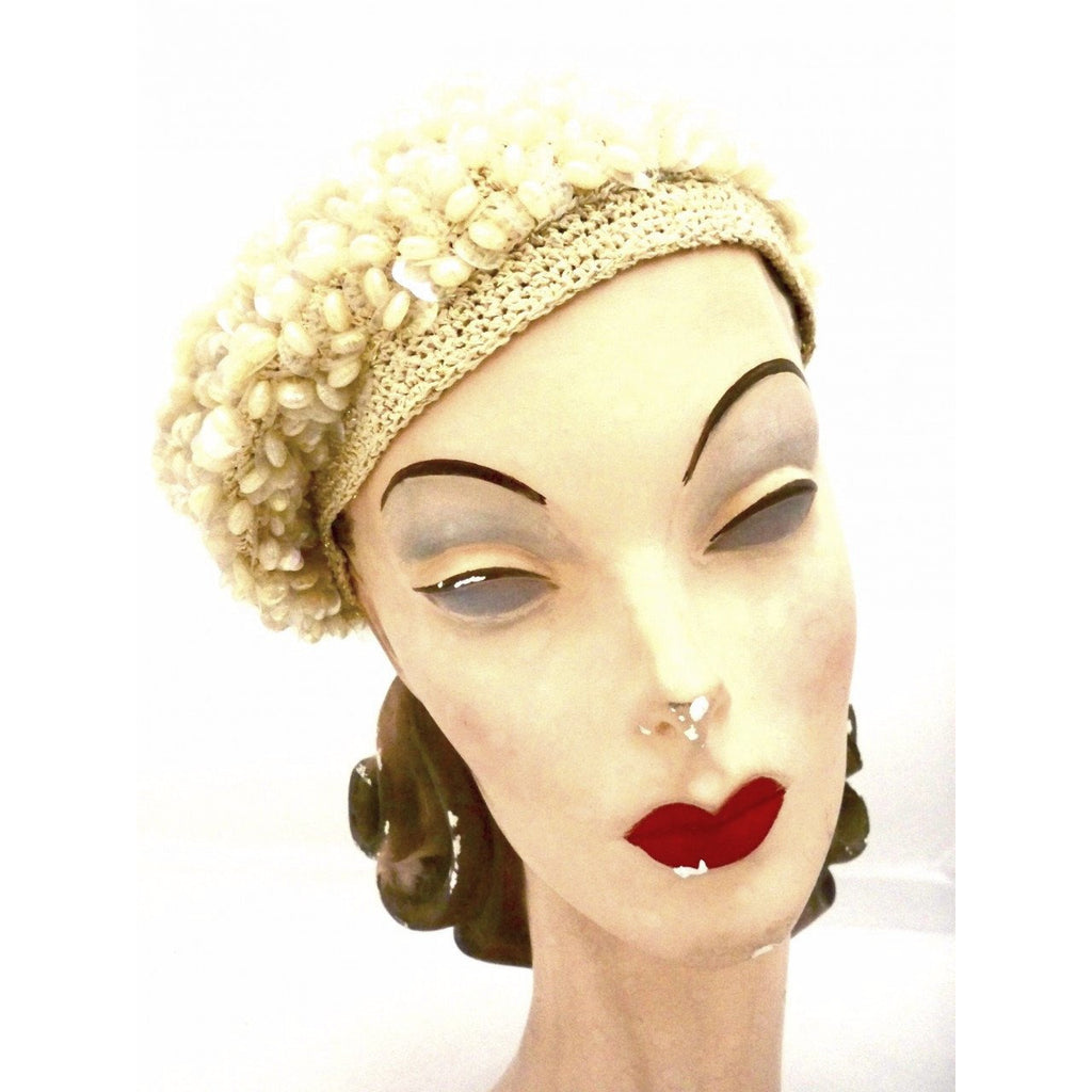 Vintage Ladies Ivory Knit Beret Hat Unique Aurora Borealis Beads 1950s Hats,New Arrivals The Best Vintage Clothing