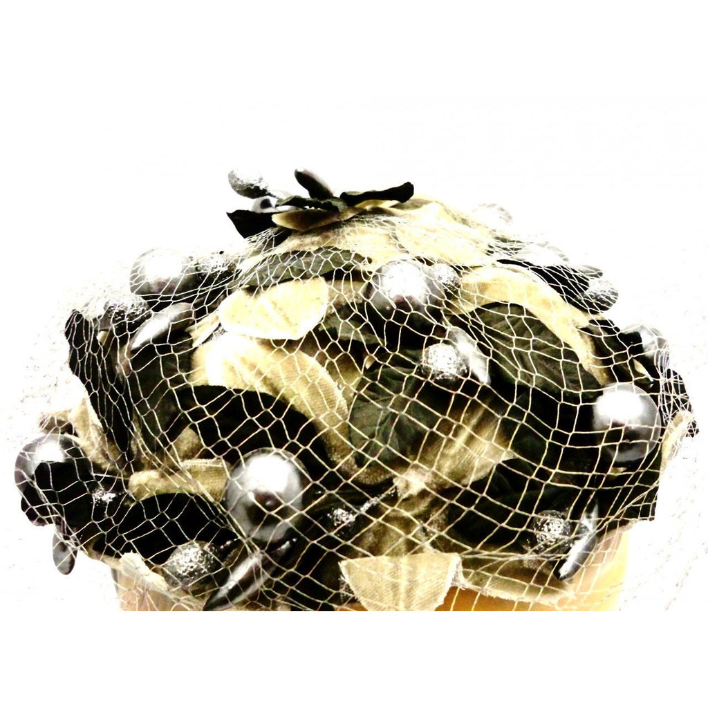 Vintage Ladies Cocktail Hat Silver Berries w/Tulle Mr. John Caprice 1950s Hats,On Sale Mr. John