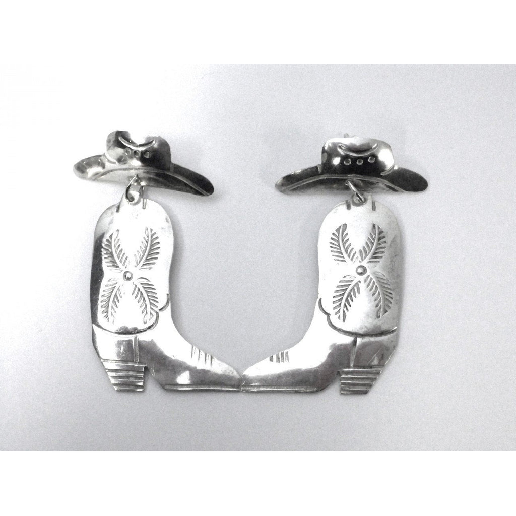 Vintage Navajo E. Spencer Sterling Silver Cowboy Boot Pierced Earrings Jewelry E.Spencer