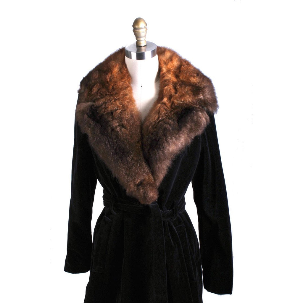 1970s Womens Maxi Coat Black Cotton Velvet Wrap Fur Trim M/L Super 70s The Best Vintage Clothing