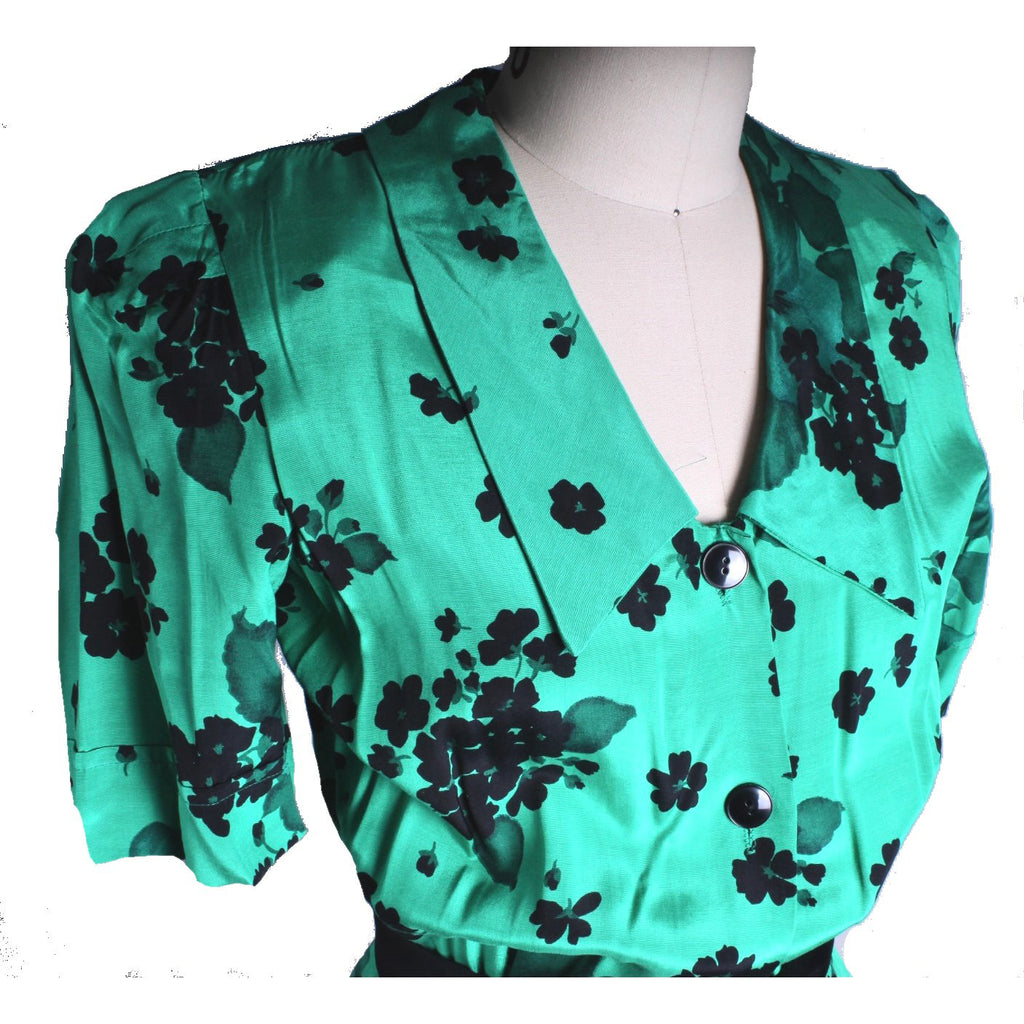 Vintage 1980s Dress Green Black Print Rayon 40s Look Womens Sz S Hip Drape dresses The Best Vintage Clothing