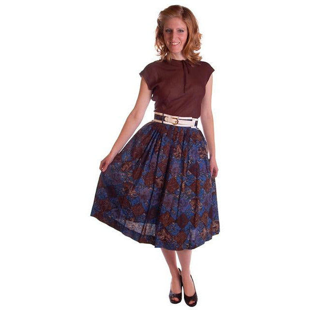 Vintage Skirt Brown & Dia Blue Cotton Print Diamonds NOS 1950S 24" Cart2cart The Best Vintage Clothing