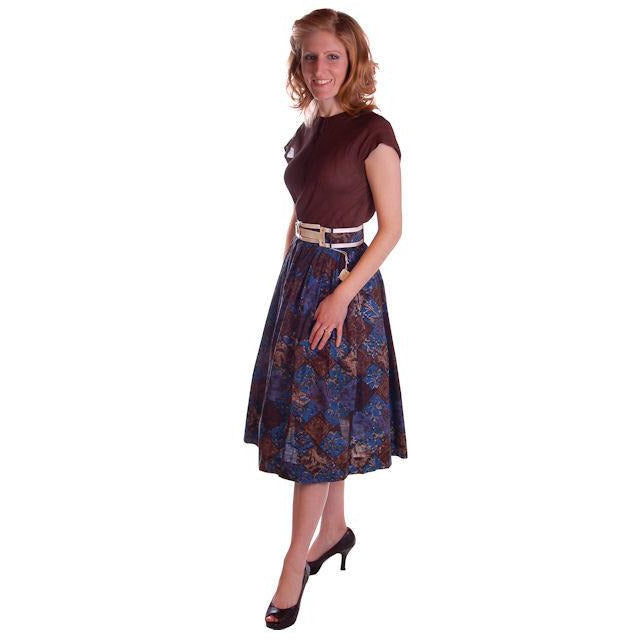Vintage Skirt Brown & Dia Blue Cotton Print Diamonds NOS 1950S 24" Cart2cart The Best Vintage Clothing