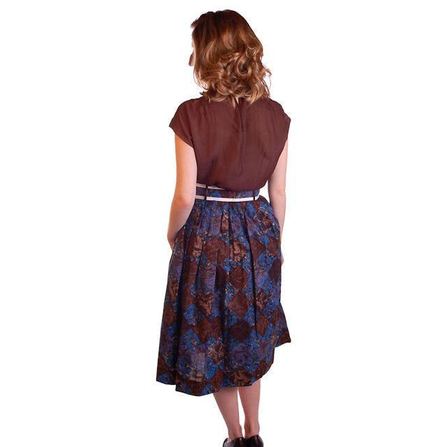Vintage Skirt Brown & Dia Blue Cotton Print Diamonds NOS 1950S 24" Cart2cart The Best Vintage Clothing