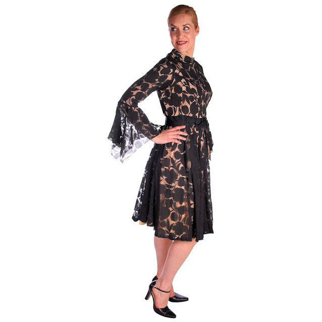 Vintage Black Burnout Nylon Chiffon Coctail Dress Drippy Sleeves 1960s Cart2cart The Best Vintage Clothing