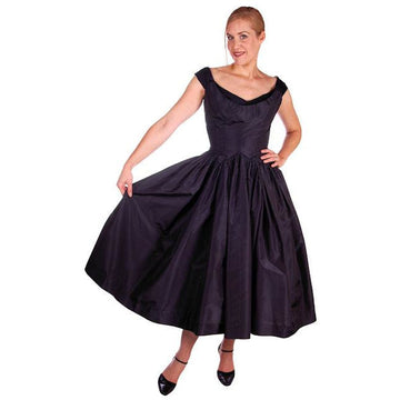 Vintage Dress 1950s Midnight Blue Silk Taffeta By Rudolf Full Skirt 38-26-Free Women's Rudolf