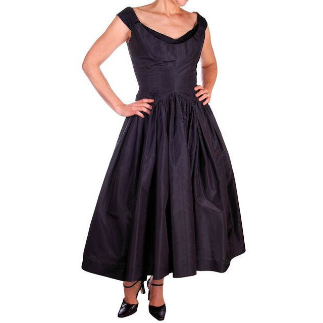 Vintage Dress 1950s Midnight Blue Silk Taffeta By Rudolf Full Skirt 38-26-Free Women's Rudolf
