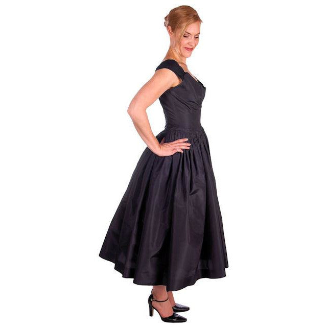 Vintage Dress 1950s Midnight Blue Silk Taffeta By Rudolf Full Skirt 38-26-Free Women's Rudolf