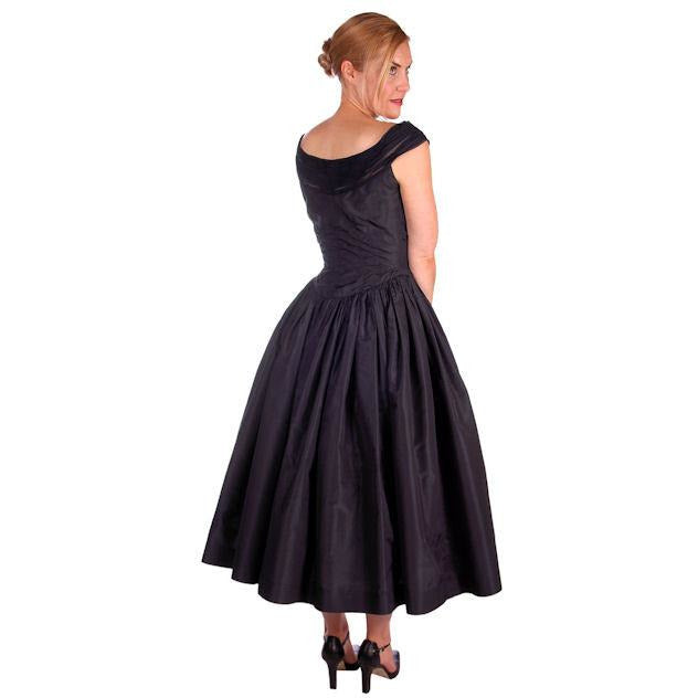 Vintage Dress 1950s Midnight Blue Silk Taffeta By Rudolf Full Skirt 38-26-Free Women's Rudolf
