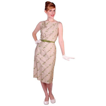 Vintage Sheath Dress Embroidered Cotton 1960s Tan 35-25-36 - The Best Vintage Clothing
 - 1