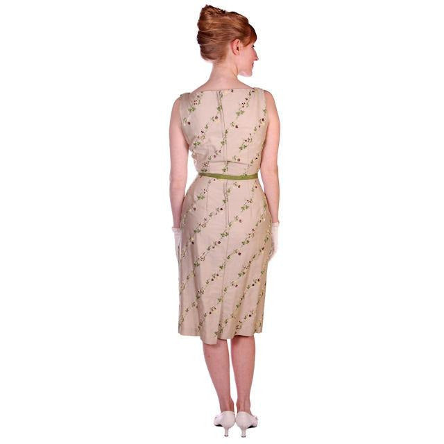 Vintage Sheath Dress Embroidered Cotton 1960s Tan 35-25-36 Cart2cart The Best Vintage Clothing