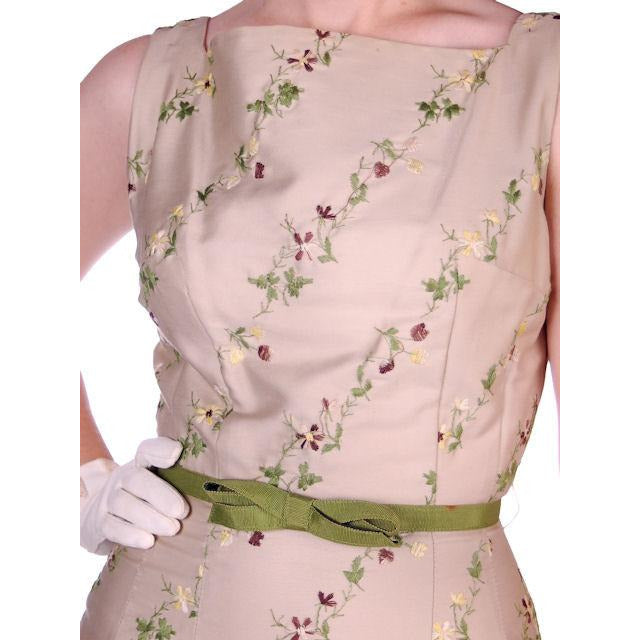 Vintage Sheath Dress Embroidered Cotton 1960s Tan 35-25-36 Cart2cart The Best Vintage Clothing