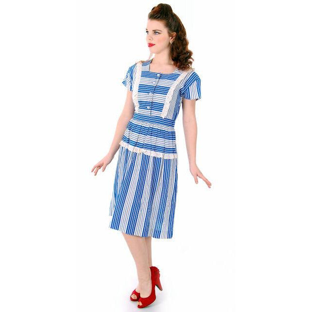Sweet Vintage Seersucker Day Dress Blue Stripes Small Early 1940s Betty Barclay XS Women's,New Arrivals Betty Barclay