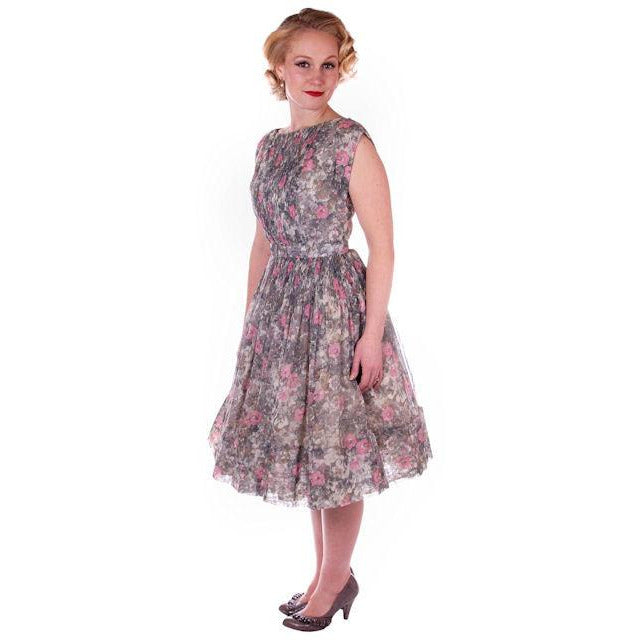 Vintage Pink & Gray Printed Floral Gauze Day Dress Sz 6 1950S - The Best Vintage Clothing
 - 1