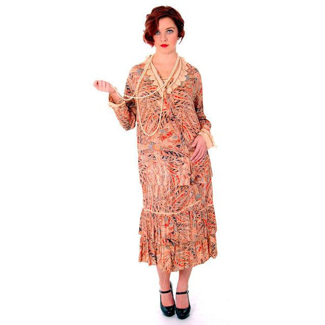 Vintage 1920s Flapper Dress Silk Printed 44 Bust Pheasants Birds & Feathers Print Women's,New Arrivals The Best Vintage Clothing