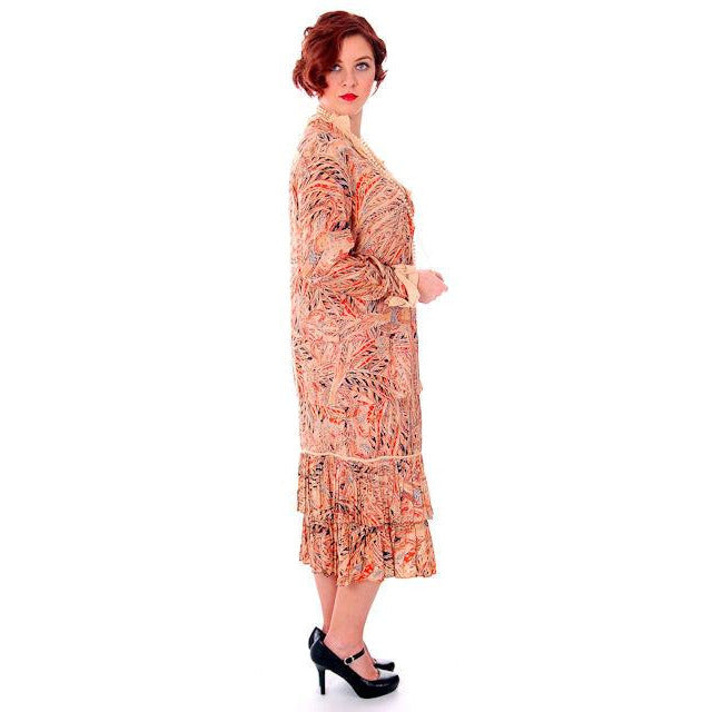 Vintage 1920s Flapper Dress Silk Printed 44 Bust Pheasants Birds & Feathers Print Women's,New Arrivals The Best Vintage Clothing