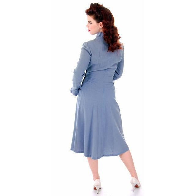 Vintage Wool Dress Gray Blue Early 1940s Small Women's vendor-unknown