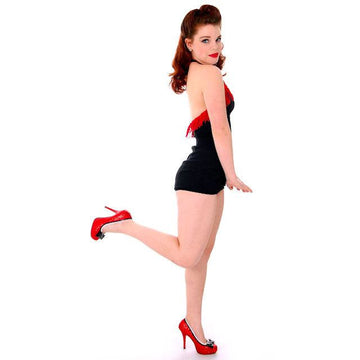 Vintage Schiaparelli Swim Suit Black w Red Fringe Small 1950s Women's,New Arrivals Schiaparelli