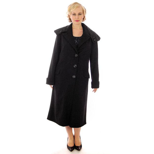 Vintage Womens Coat 1920s Black Wool w/ Pony Fur Collar Plus Size – The ...