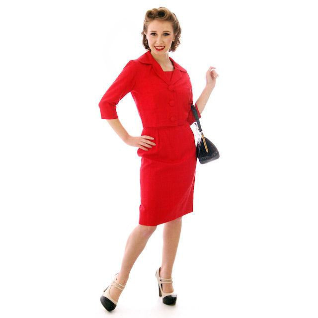 Vintage True Red Raw Silk 2 Pc Dress 1950s 34-24-34 Women's,New Arrivals The Best Vintage Clothing