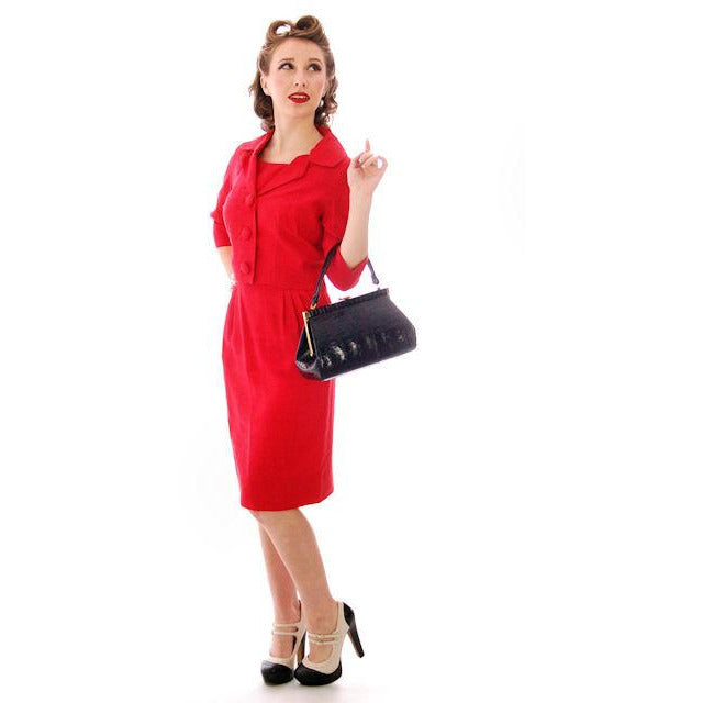 Vintage True Red Raw Silk 2 Pc Dress 1950s 34-24-34 Women's,New Arrivals The Best Vintage Clothing