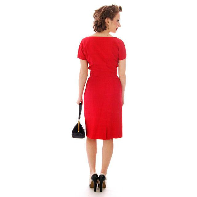 Vintage True Red Raw Silk 2 Pc Dress 1950s 34-24-34 Women's,New Arrivals The Best Vintage Clothing