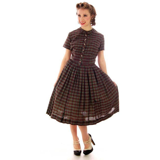 Vintage Day Dress Bobbie Brooks Brown/Green Plaid 1950s 34-24-Free Women's,New Arrivals Bobbie Brooks