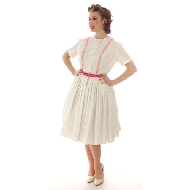 Vintage Day Dress White  w/Pink Embroidery Bobbie Brooks 1950s 36-26-Free - The Best Vintage Clothing
 - 1