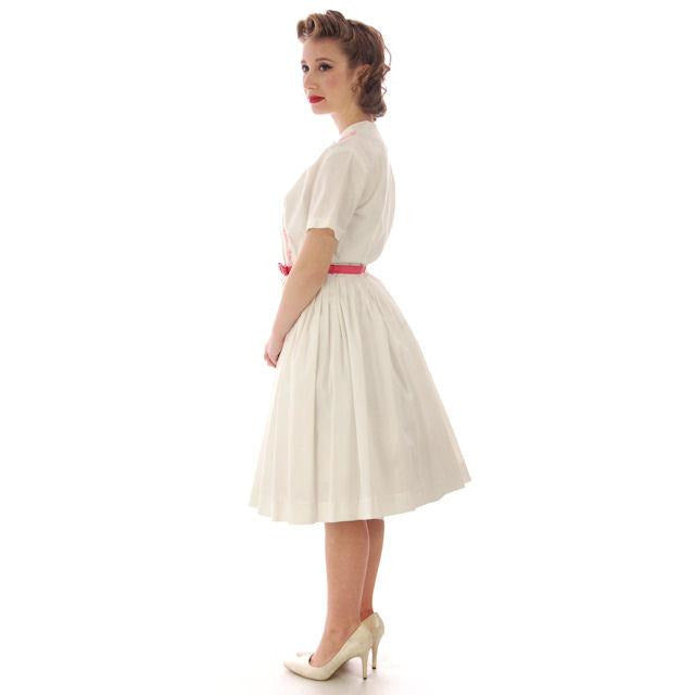 Vintage MCM Day Dress White w/Pink Embroidery Bobbie Brooks 1950s 36-26-Free Women's Bobbie Brooks
