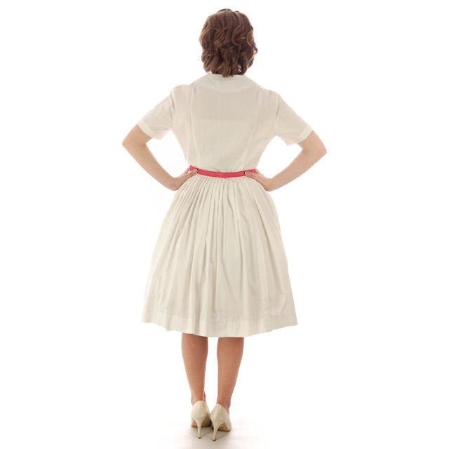 Vintage MCM Day Dress White w/Pink Embroidery Bobbie Brooks 1950s 36-26-Free Women's Bobbie Brooks