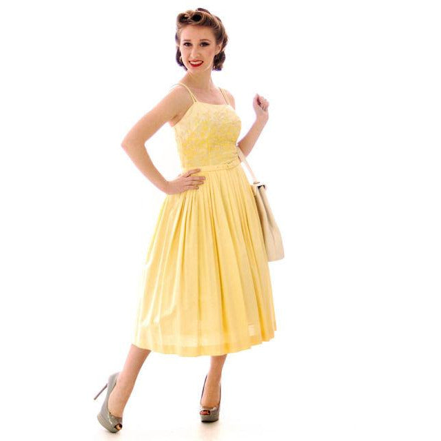 VTG 1950s Wendy Woods Yellow Cotton Sundress Embroidered Bodice S w Belt Women's,New Arrivals Wendy Woods