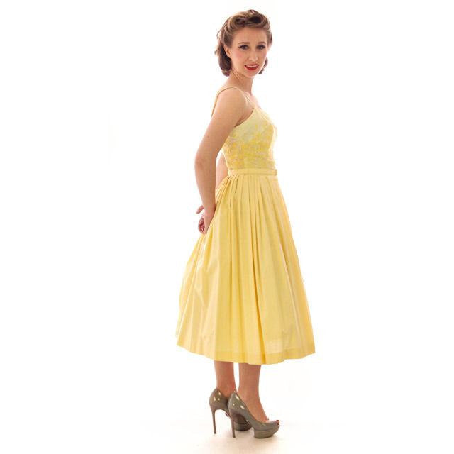 VTG 1950s Wendy Woods Yellow Cotton Sundress Embroidered Bodice S w Belt Women's,New Arrivals Wendy Woods