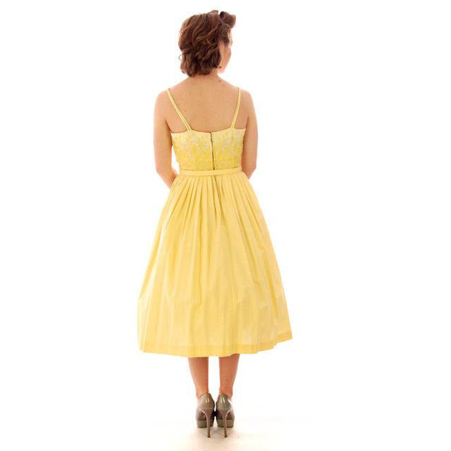 VTG 1950s Wendy Woods Yellow Cotton Sundress Embroidered Bodice S w Belt Women's,New Arrivals Wendy Woods