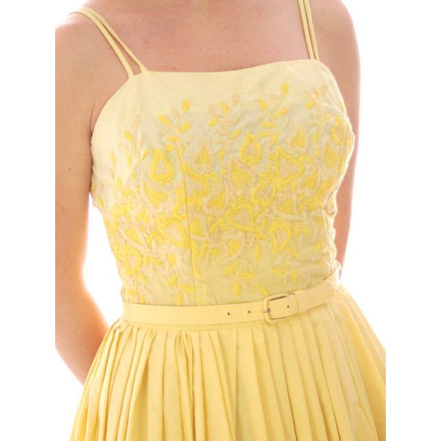VTG 1950s Wendy Woods Yellow Cotton Sundress Embroidered Bodice S w Belt Women's,New Arrivals Wendy Woods