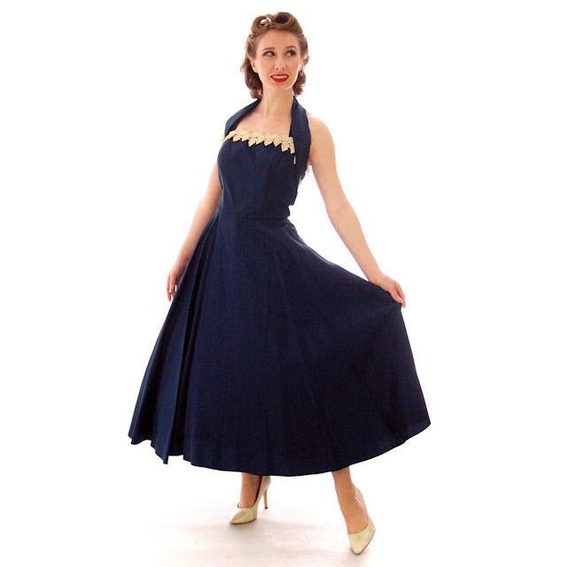 Vintage 1940s Dress Halter Gown Navy Blue Taffeta Circle Skirt Small 32-26-Free Women's,New Arrivals The Best Vintage Clothing