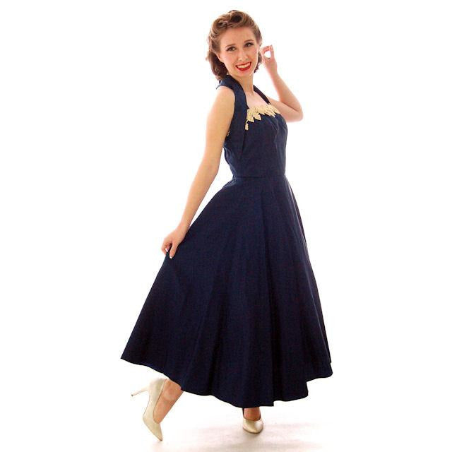 Vintage 1940s Dress Halter Gown Navy Blue Taffeta Circle Skirt Small 32-26-Free Women's,New Arrivals The Best Vintage Clothing