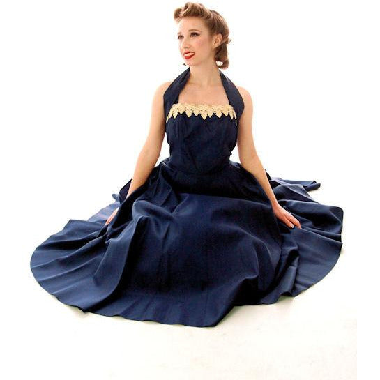Vintage 1940s Dress Halter Gown Navy Blue Taffeta Circle Skirt Small 32-26-Free Women's,New Arrivals The Best Vintage Clothing