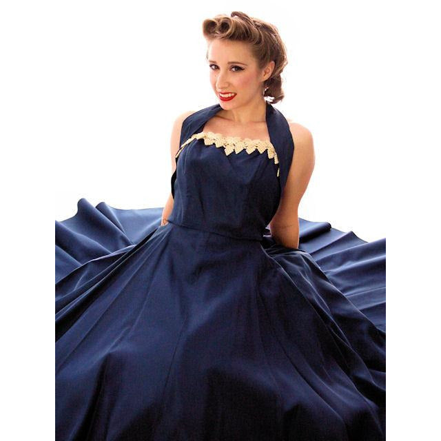 Vintage 1940s Dress Halter Gown Navy Blue Taffeta Circle Skirt Small 32-26-Free Women's,New Arrivals The Best Vintage Clothing