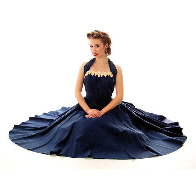Vintage 1940s Dress Halter Gown Navy Blue Taffeta Circle Skirt Small 32-26-Free Women's,New Arrivals The Best Vintage Clothing