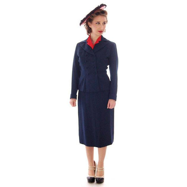 Vintage Womens Double Breasted Gab Suit 1940s Navy Blue 34-24-24 Women's,New Arrivals vendor-unknown