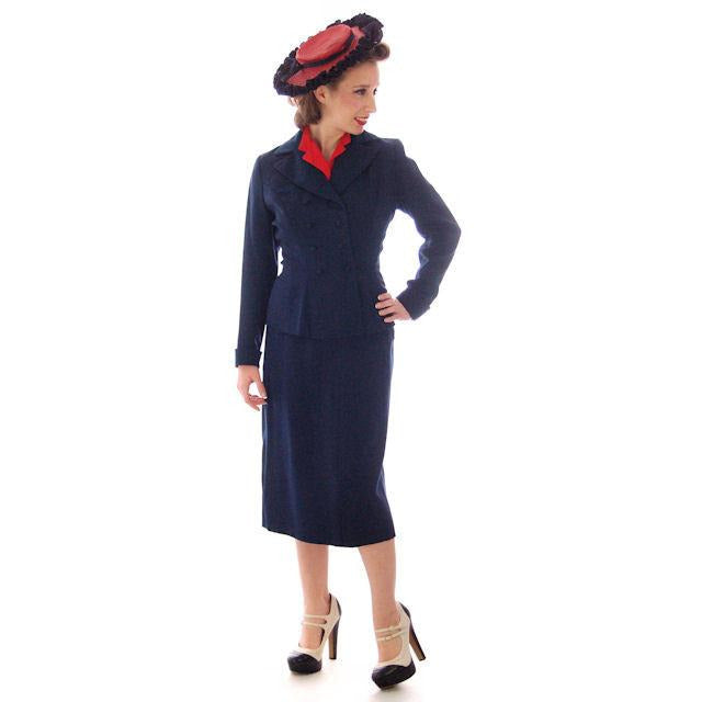 Vintage Womens Double Breasted Gab Suit 1940s Navy Blue 34-24-24 Women's,New Arrivals vendor-unknown