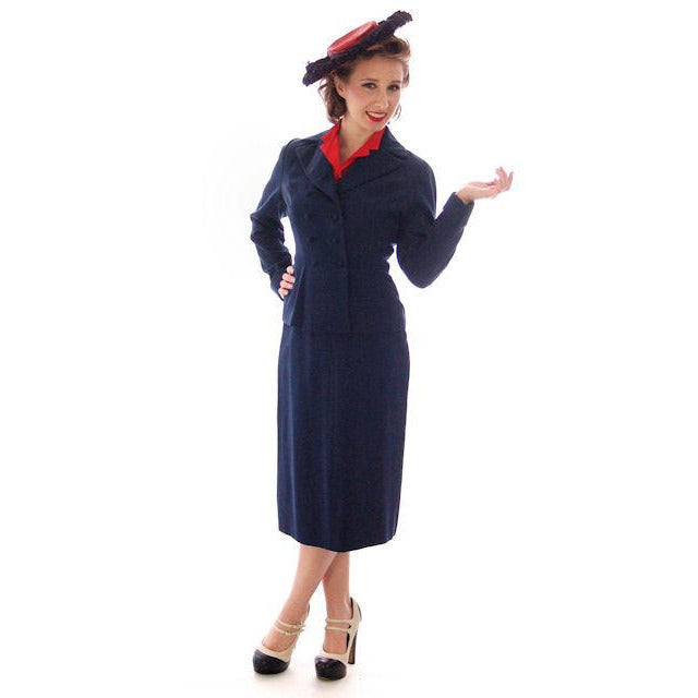 Vintage Womens Double Breasted Gab Suit 1940s Navy Blue 34-24-24 Women's,New Arrivals vendor-unknown