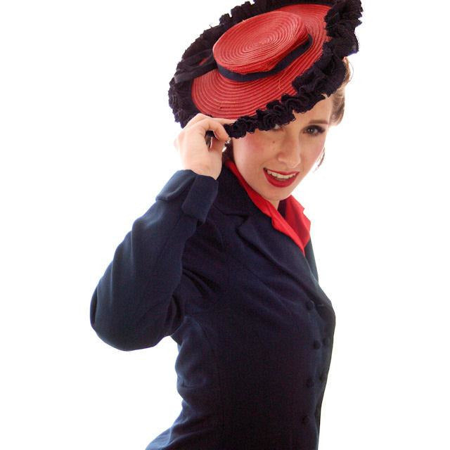 Vintage Red Straw Pancake Hat Navy Trim 1940s Louise Original Hats,New Arrivals Louise