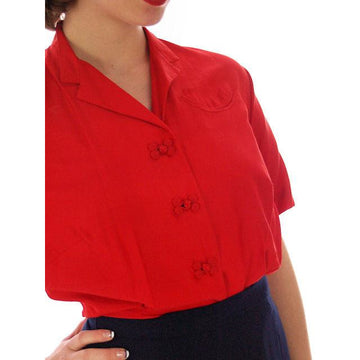 Vintage Red Raw Silk Blouse Short Sleeve  Smile Pocket Dynasty 1940s 37-29 - The Best Vintage Clothing
 - 1