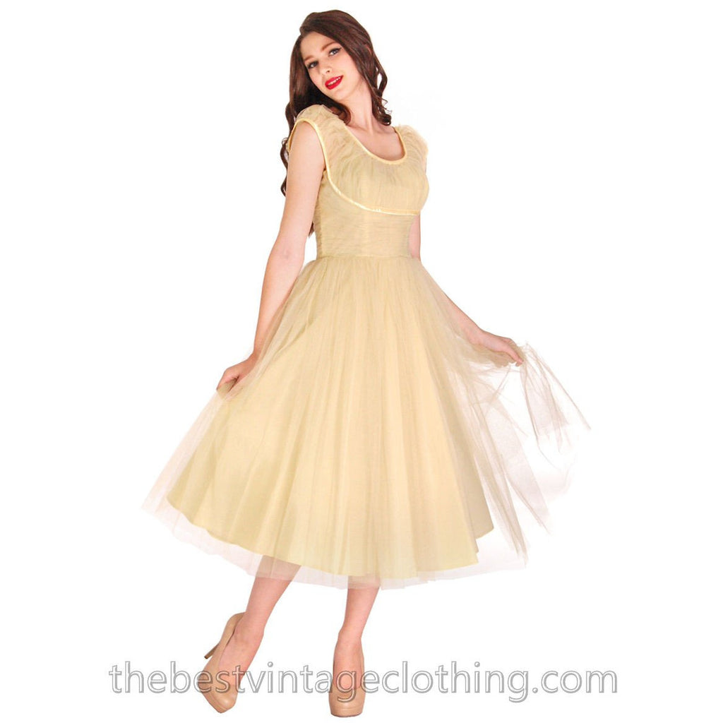 Vintage XS/S Fred Perlberg Tulle Prom Gown Pale Yellow 1950s 32-26-Free The Best Vintage Clothing