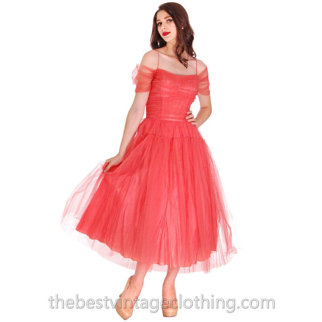 Vintage 1950s Prom Gown Tulle & Satin Coral Colored Small Tea Length 34-27-FREE The Best Vintage Clothing